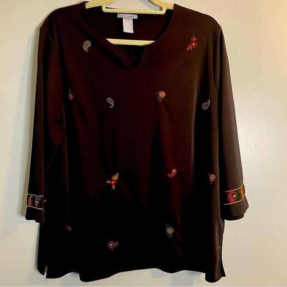 Pierre Cardin Tops - PIERRE CARDIN OPTIONS II Black Embroidered 3/4 Sleeve Pullover Blouse/Tunic S/1X
